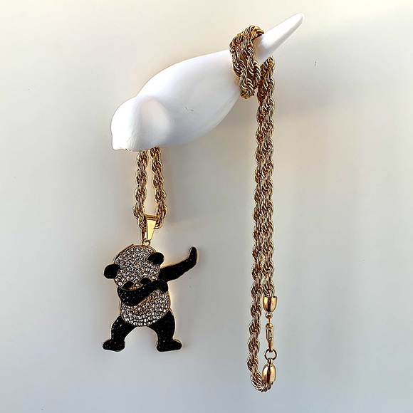 Iced-Out Bling Panda Dabs Chunky Rhinestone/Gold Statement Necklace - Picture 3 of 9